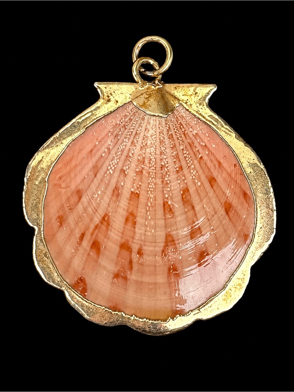 Gold Tone Pink Scallop Shell Pendant Coastal Beach Statement Jewelry